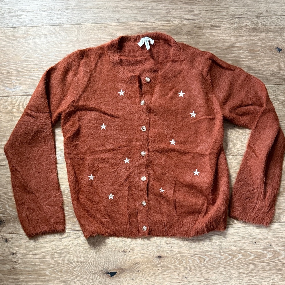 Cozy Rust Cardigan with Star Accents